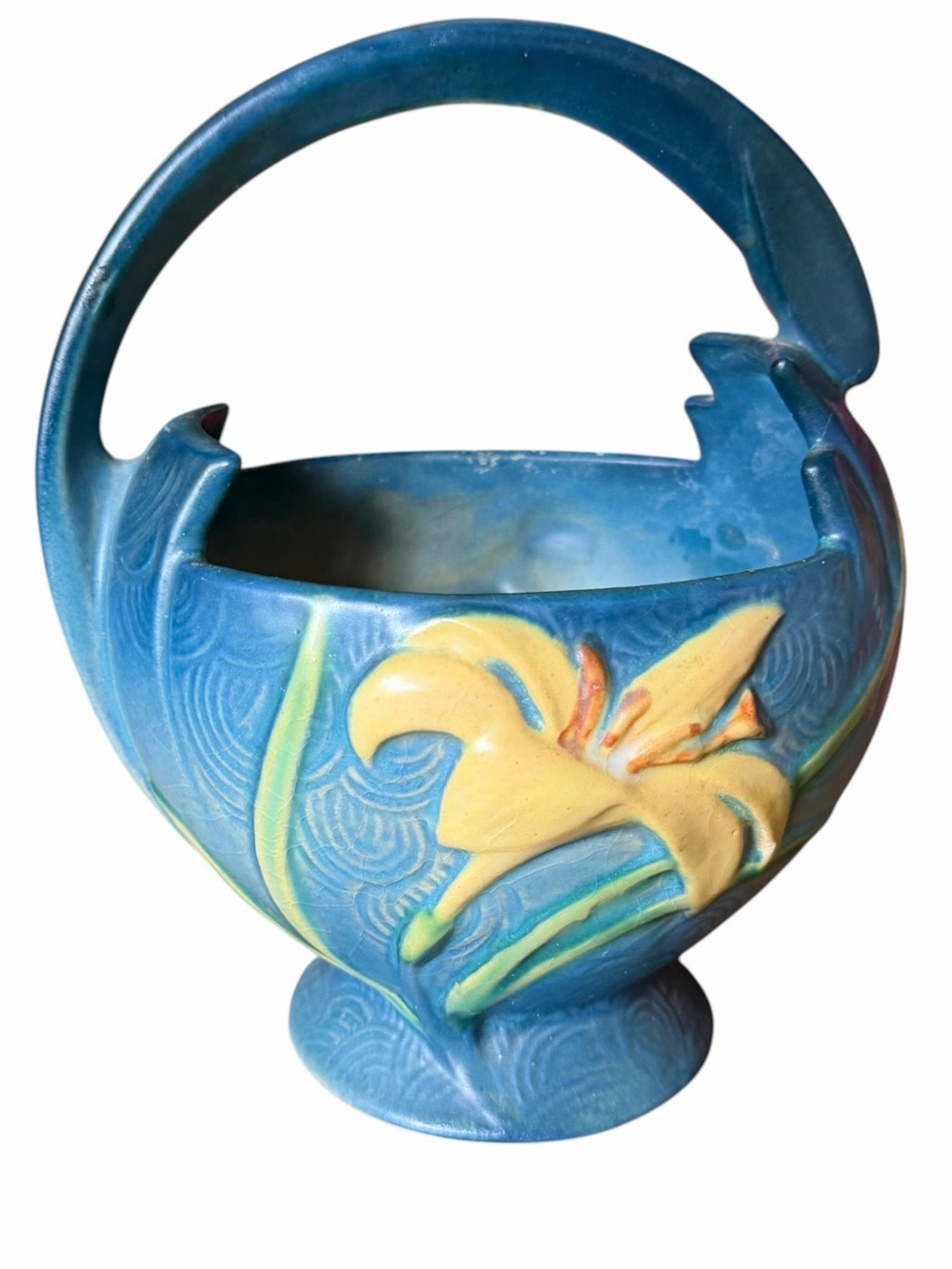 Roseville Zephyr Lily Bermuda Blue Pottery Basket Number 393-7 1946 VGC